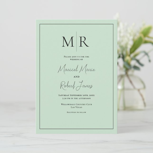 Invitación Elegante Boda Moderna con Monograma Verde Menta (Anverso de pie)