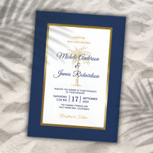 Elegante boda moderna con palma dorada y azul mari