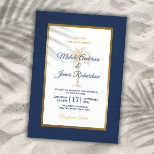 Invitación Elegante boda moderna con palma dorada y azul mari
