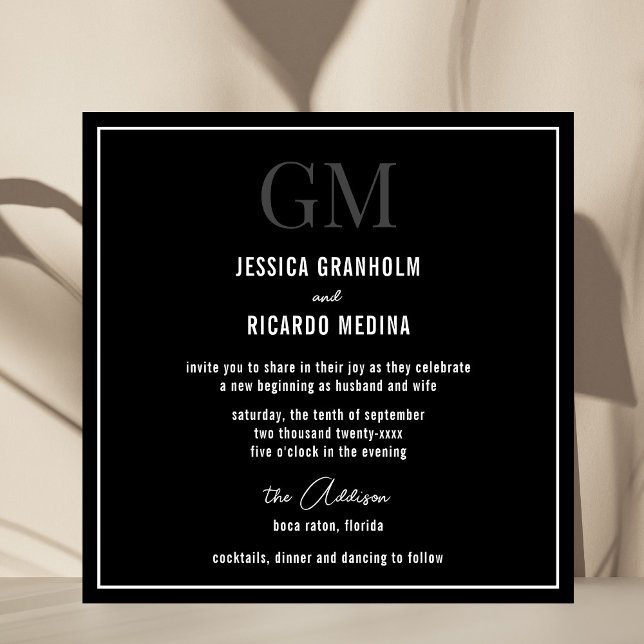 Invitación Elegante Boda Moderna Cuadrado Negro Blanco (Subido por el creador)