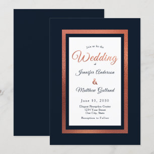 Invitación Elegante boda moderna de azul marino y cobre