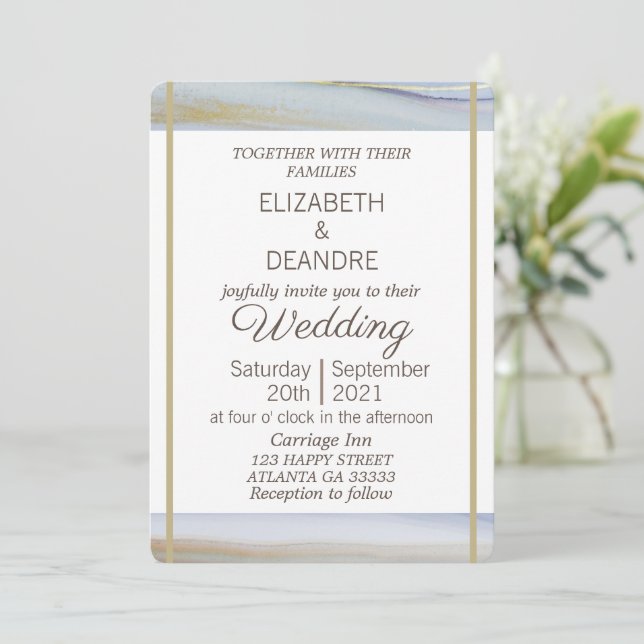 Invitación Elegante boda moderna de playa dorada azul claro (Anverso de pie)