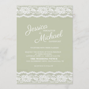 Invitación Elegante Boda Moderna de Verde Salvia y Encaje Bla