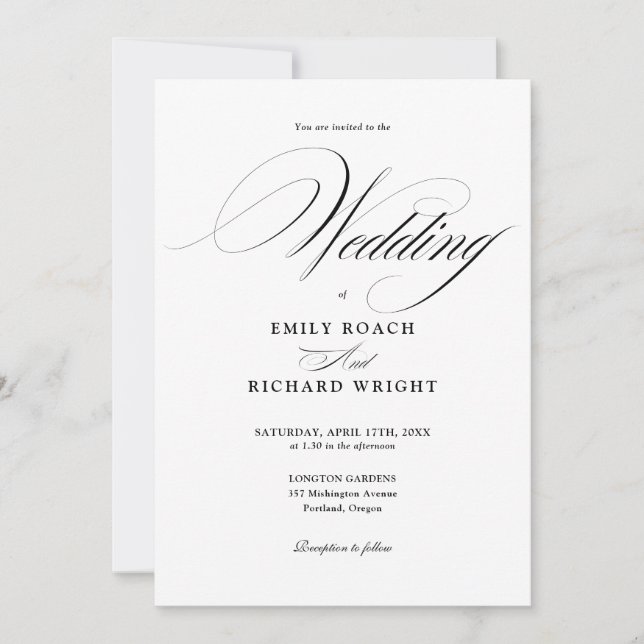 Invitación Elegante Boda Moderna en Negro y Blanco Script (Anverso)