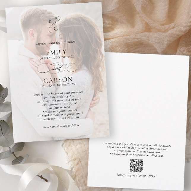 Invitación Elegante Boda Moderna Faded Photo Monogram Logo (Subido por el creador)