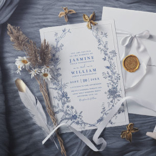 Invitación Elegante boda moderna floral vintage francés azul