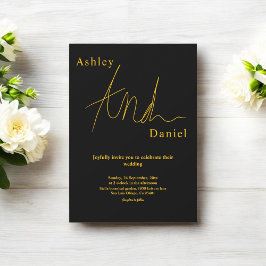Invitación Elegante Boda Moderna Simple de Negro y Dorado