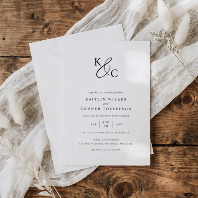 Invitación Elegante Boda Moderna Simple en Blanco y Negro (Modern wedding logo monogram wedding invitations in black and white.)