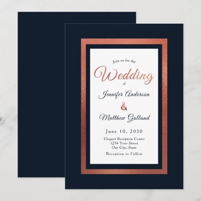 Invitación Elegante Boda moderno azul y cobre de la Marina (Anverso / Reverso)