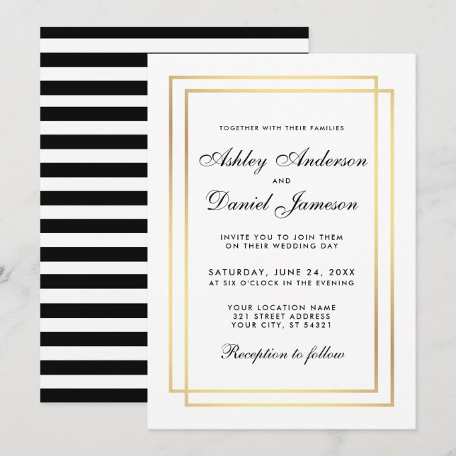 Invitación Elegante Boda moderno blanco negro a rayas invitan (Anverso / Reverso)