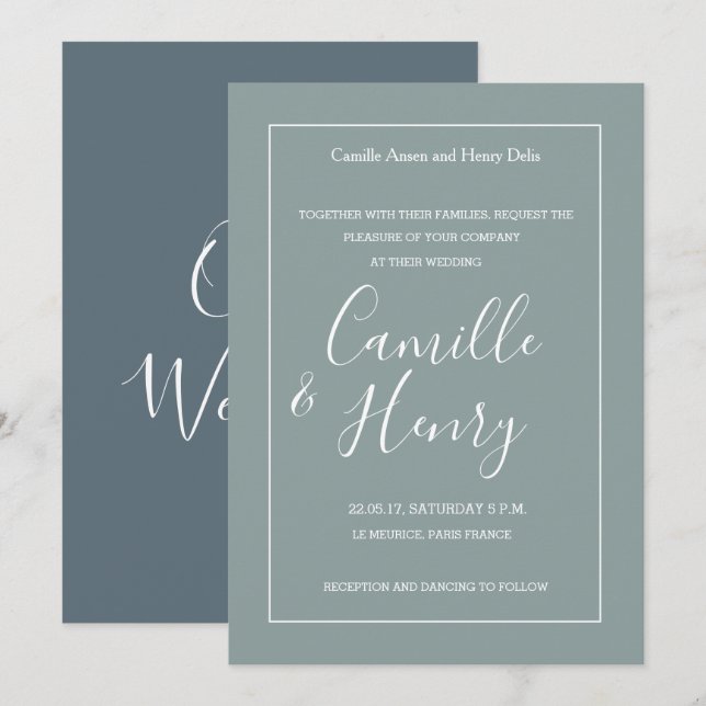 Invitación Elegante boda moderno color verde azul verde (Anverso / Reverso)