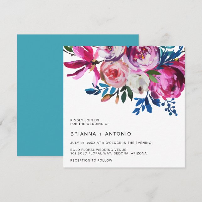 Invitación Elegante Boda moderno con flores rosadas (Anverso / Reverso)