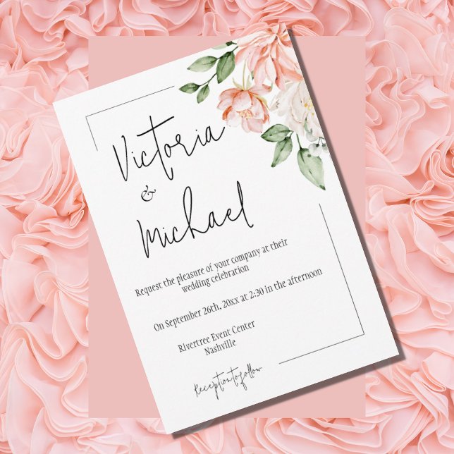 Invitación Elegante Boda moderno con flores rosadas (Subido por el creador)