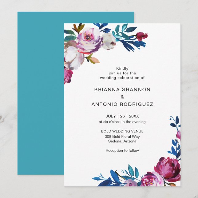 Invitación Elegante Boda moderno con flores rosadas (Anverso / Reverso)