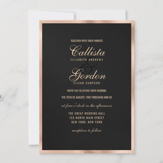 Invitación Elegante Boda moderno de borde metálico de oro neg (Anverso)