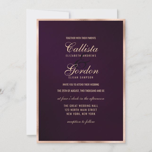Invitación Elegante Boda moderno de borde metálico de oro púr (Anverso)