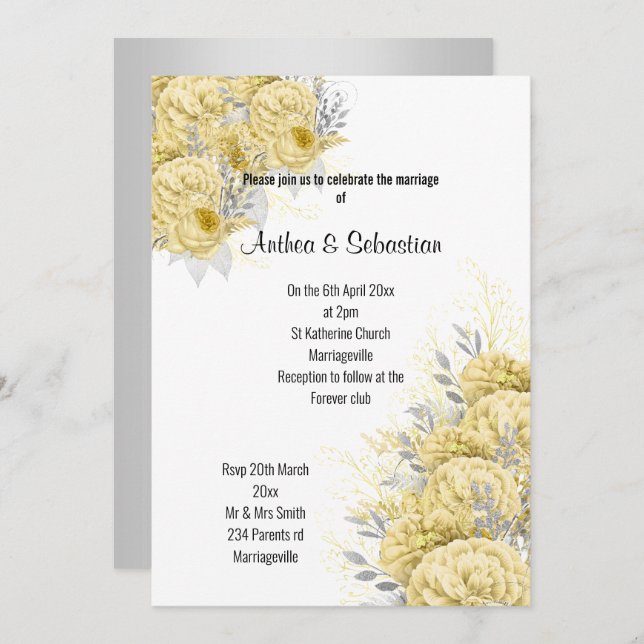 INVITACIÓN ELEGANTE BODA MODERNO DE BOUQUET FLORAL AMARILLO (Anverso / Reverso)