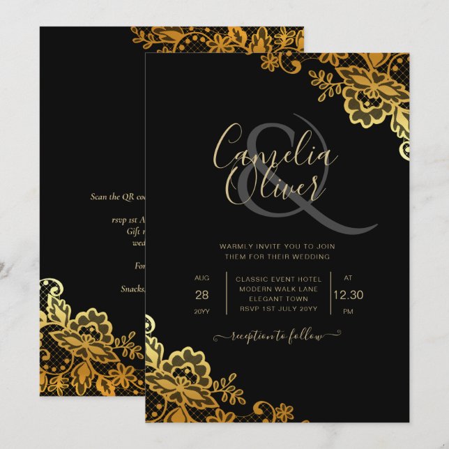 Invitación Elegante Boda moderno de encaje de oro negro (Anverso / Reverso)