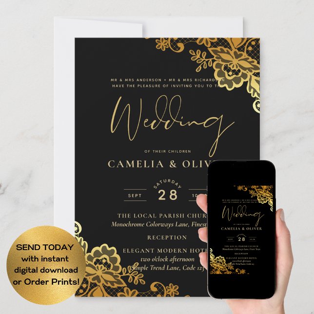 Invitación Elegante Boda moderno de encaje de oro negro (Subido por el creador)