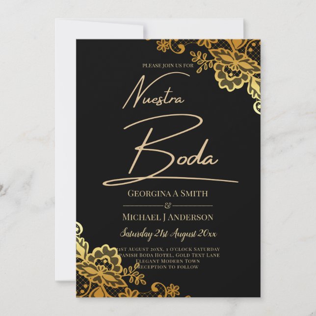 Invitación Elegante Boda moderno de encaje de oro negro (Anverso)