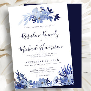 Invitación Elegante Boda moderno de floral azul de la marina