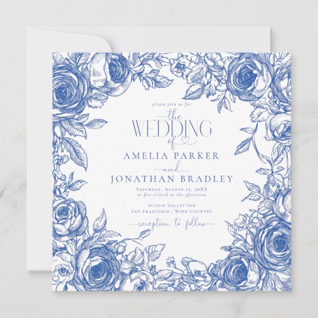 Invitación Elegante Boda moderno de flores azules (Anverso)