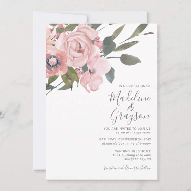 Invitación Elegante Boda moderno de flores rosadas y turbias (Anverso)