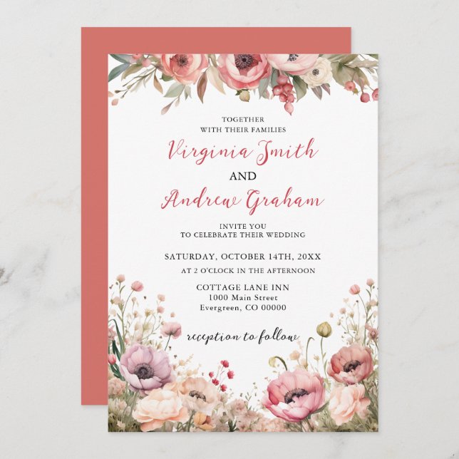Invitación Elegante Boda moderno de flores rosadas y turbias (Anverso / Reverso)