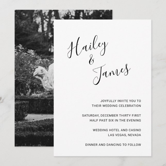 Invitación Elegante Boda moderno de fotografía en blanco y ne (Anverso / Reverso)