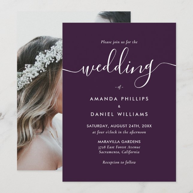 Invitación Elegante Boda moderno de fotos moradas (Anverso / Reverso)