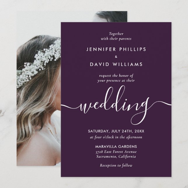 Invitación Elegante Boda moderno de fotos púrpura simple (Anverso / Reverso)
