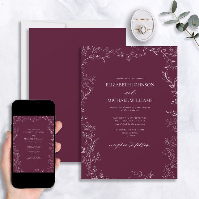 Invitación Elegante Boda moderno de hoja mínima de Borgoña (Subido por el creador)