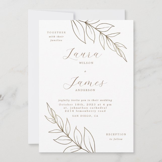 Invitación Elegante Boda moderno de la hoja de oro (Anverso)