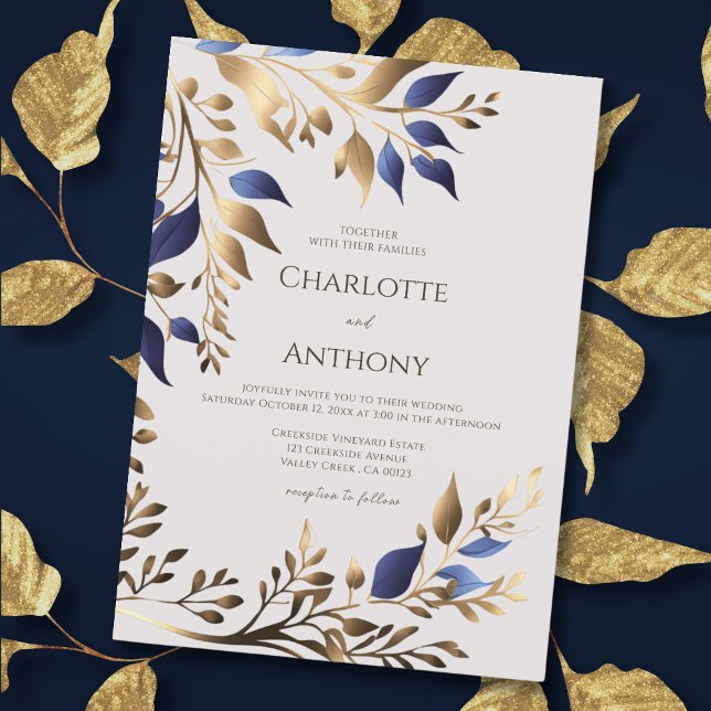 Invitación Elegante Boda moderno de la hoja verde azul oro (Subido por el creador)