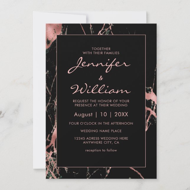 Invitación Elegante Boda moderno de mármol de oro negro (Anverso)