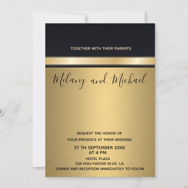 Invitación Elegante boda moderno de moda dorado/negro (Anverso)