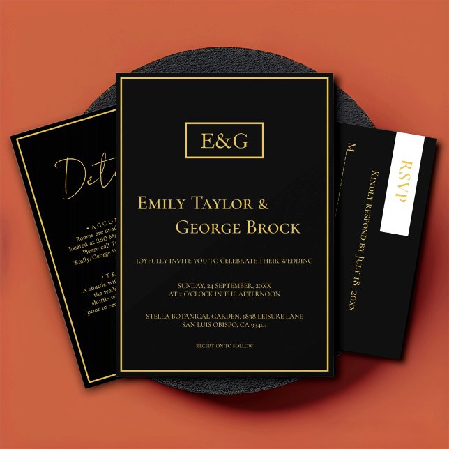 Invitación Elegante Boda Moderno De Monograma Negro Y Oro (Subido por el creador)
