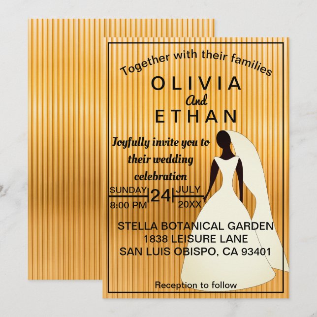 Invitación Elegante Boda Moderno De Novia Negra Y Oro (Anverso / Reverso)