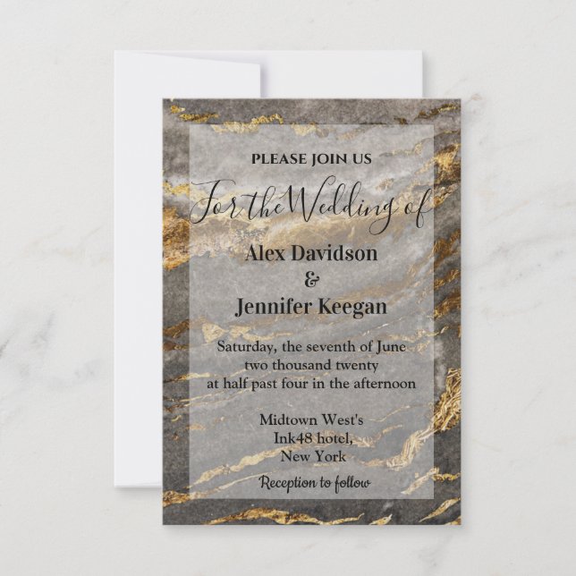 Invitación elegante boda moderno de oro y mármol gris (Anverso)