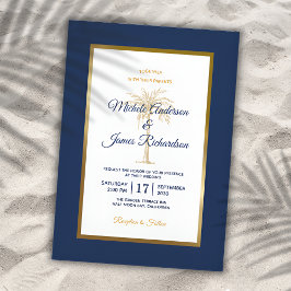 Invitación Elegante Boda moderno de palmera dorada azul de la