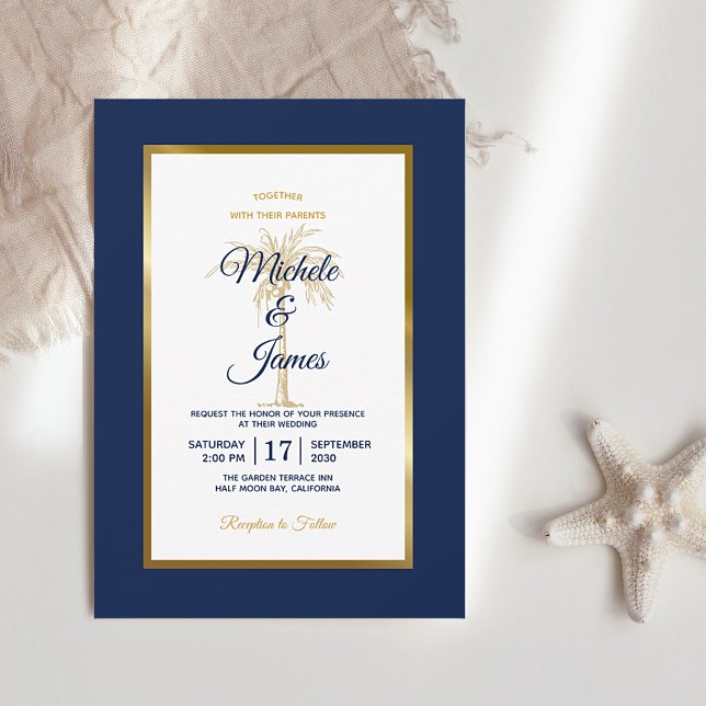 Invitación Elegante Boda moderno de palmera dorada azul de la (Subido por el creador)