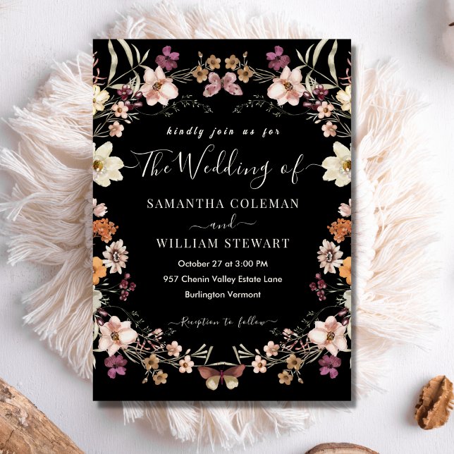 Invitación Elegante Boda moderno del Boho negro Wildflower (Subido por el creador)