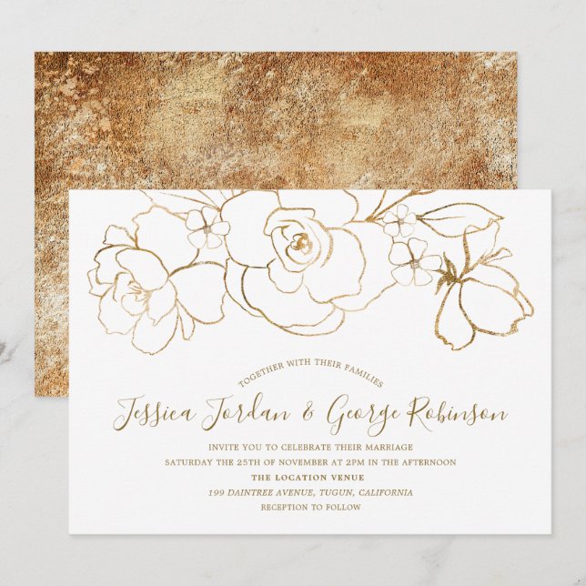 Invitación Elegante Boda moderno floral blanco y dorado (Anverso / Reverso)