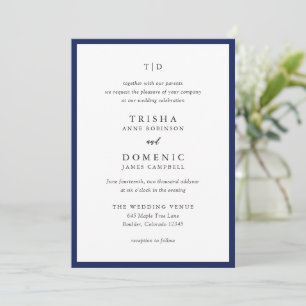 Invitación Elegante Boda moderno monograma azul de la marina