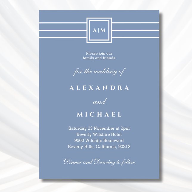 Invitación Elegante Boda moderno monograma blanco azul turbio (Subido por el creador)