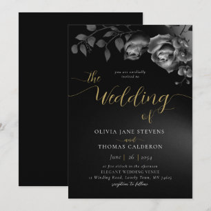 Invitación Elegante Boda moderno Moody Black Floral Blanco