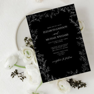 Invitación Elegante Boda moderno negro y blanco de hoja mínim