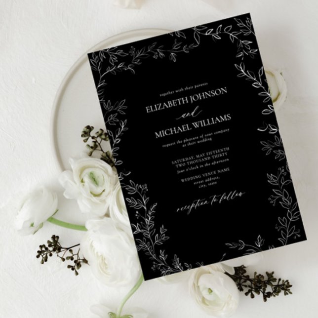 Invitación Elegante Boda moderno negro y blanco de hoja mínim (Subido por el creador)