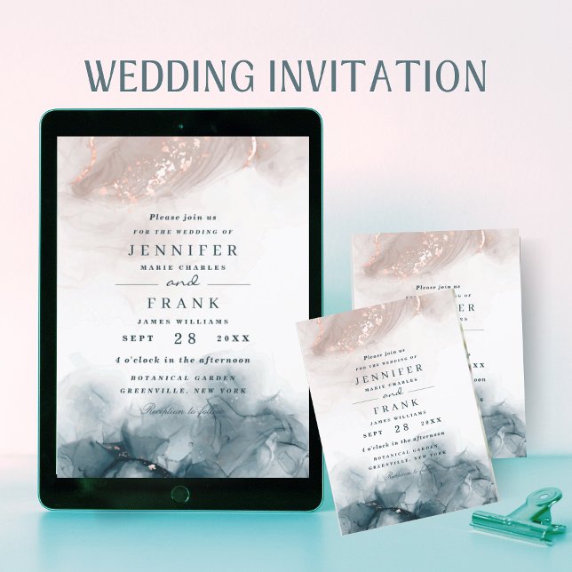 Invitación Elegante Boda moderno Rubor de tinta de alcohol az (Subido por el creador)