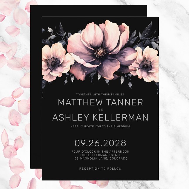 Invitación Elegante Boda moderno Rubor rosa negro floral (Elegant Modern Blush Pink Black Floral Wedding Invitation)
